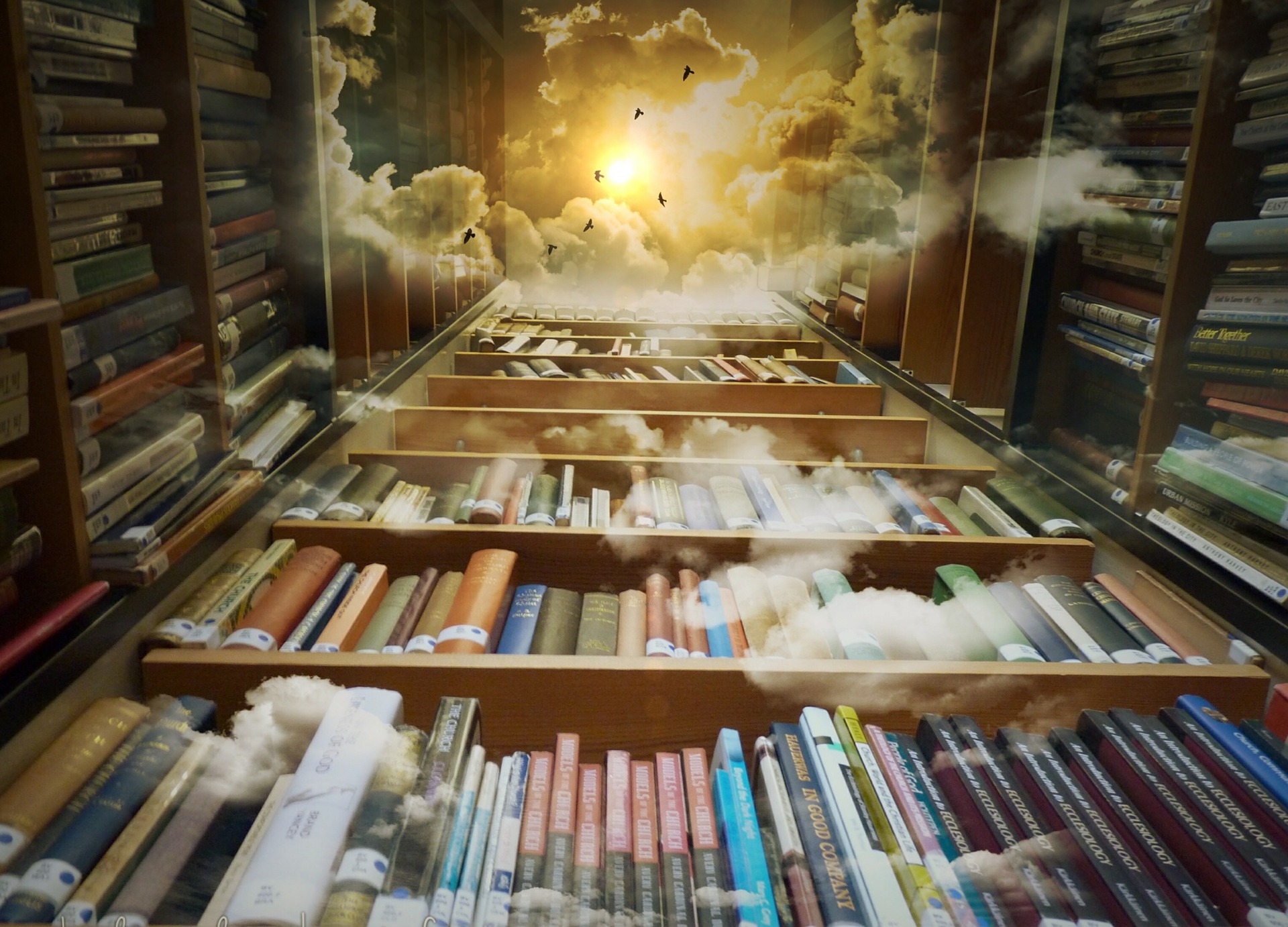 Bild av tre bokhyllor som mynnar ut i en himmel med sol, moln och fåglar