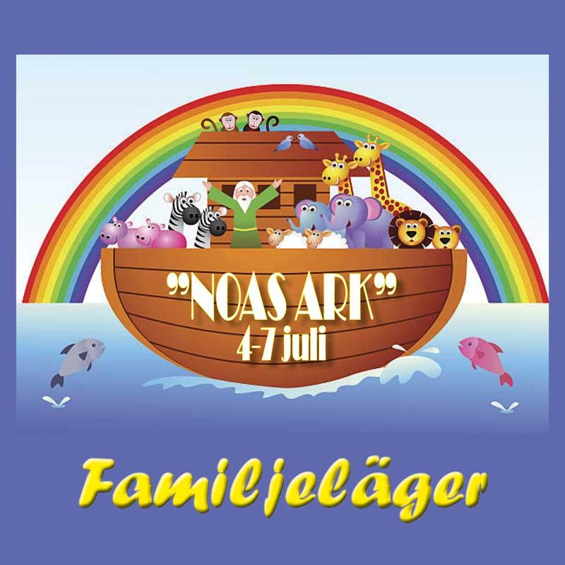 Bild av Noas ark med många djur och en regnbåge.