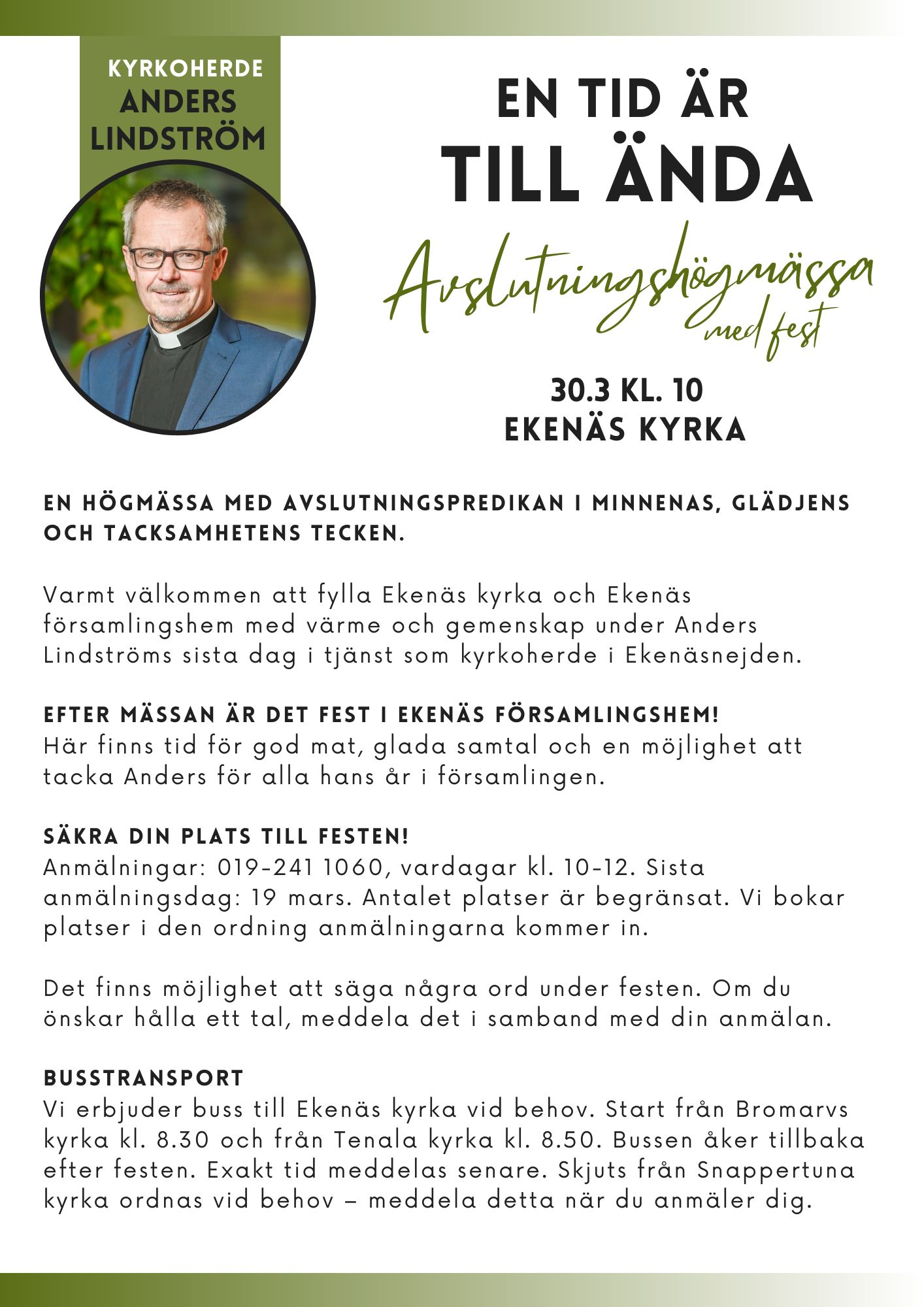 En tid är till ända - kyrkoherde Anders Lindströms avslutningshögmässa med fest affisch, texten finns i evenemanget