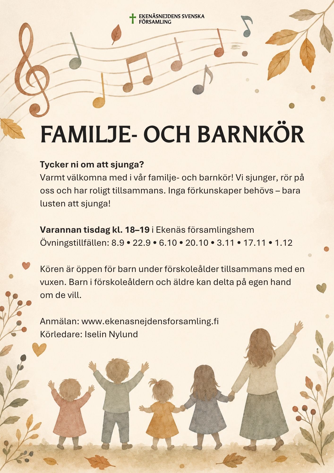 Familje- och barnkör 8.9 kl. 18 i Ekenäs församlingshem