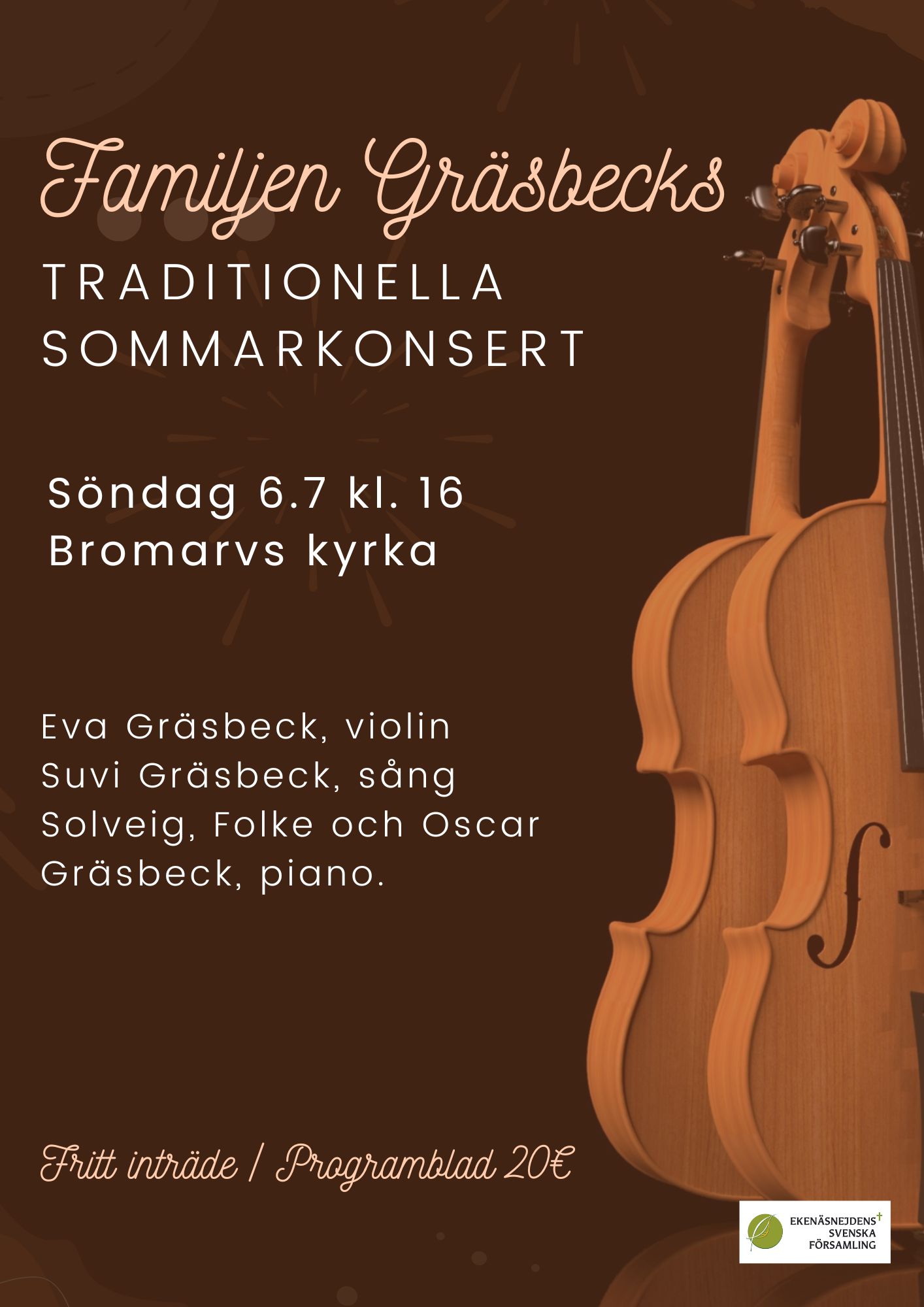 Familjen Gräsbecks traditionella sommarkonsert affisch, texten finns i evenemanget