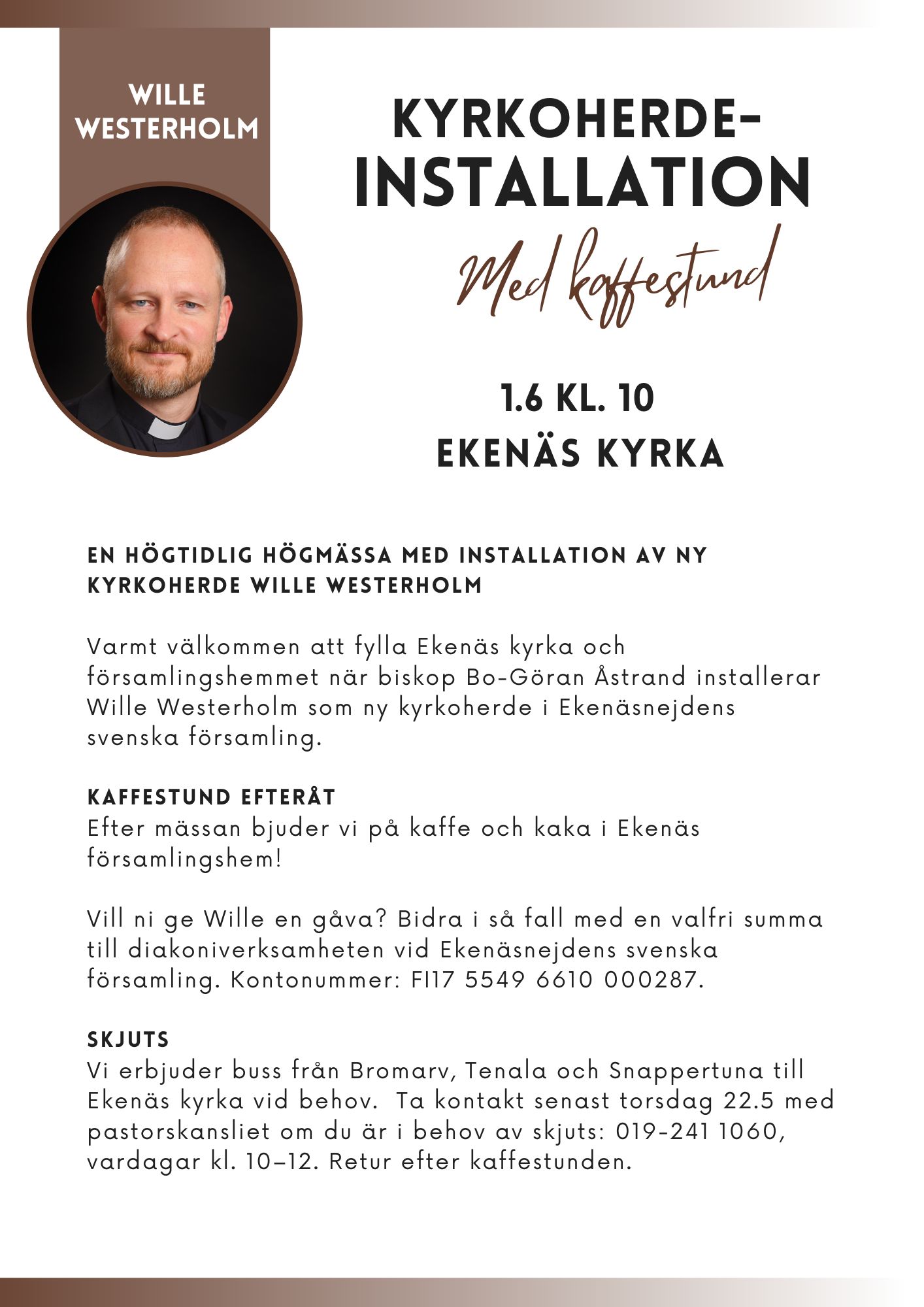 Kyrkoherdeinstallation affisch, texten finns i evenemanget