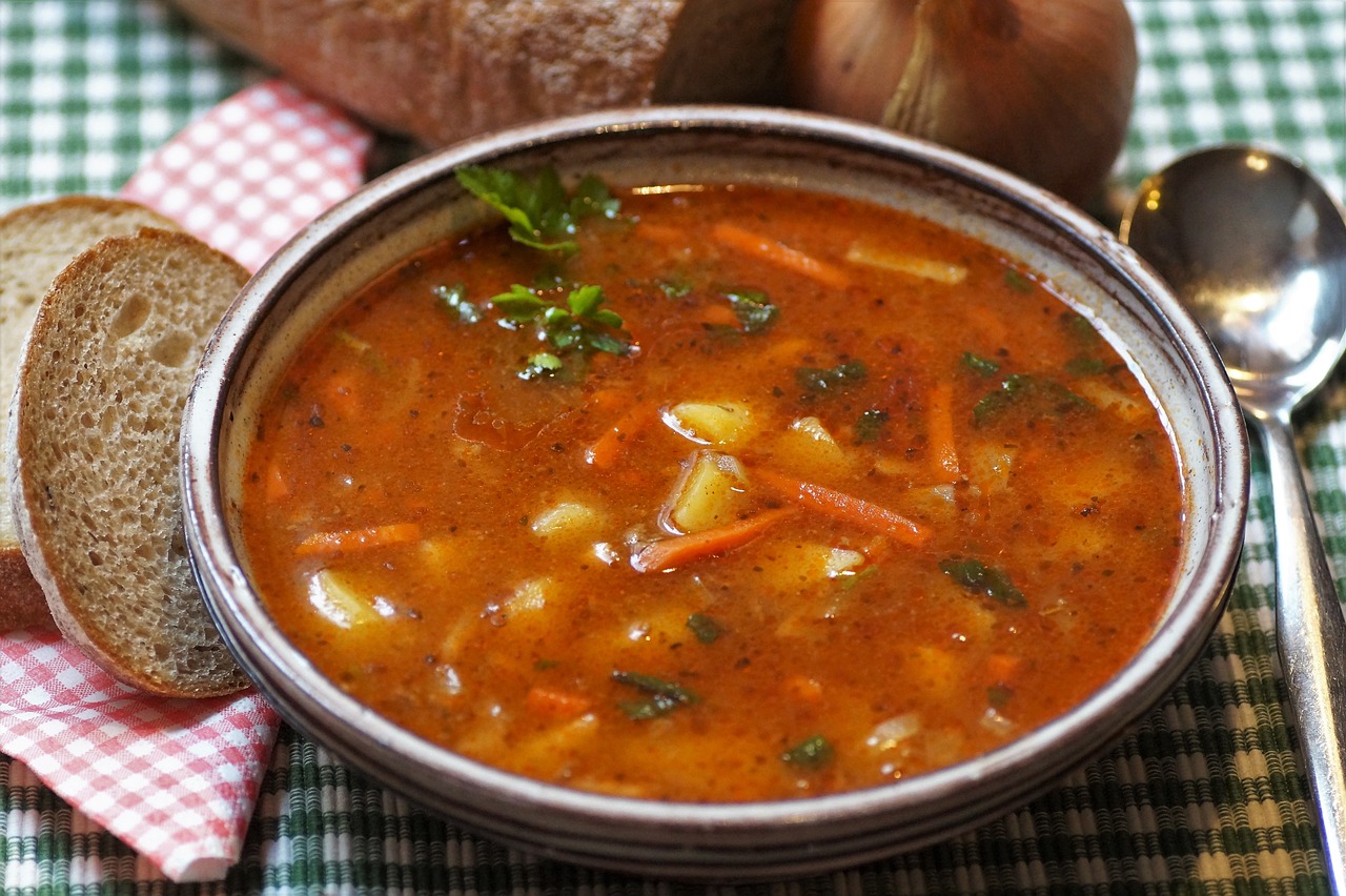 bild av en portion gulash-soppa och bröd på en grön-vitrutig duk
