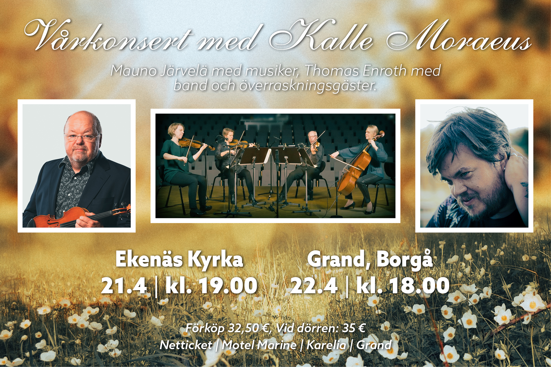 Bild av Kalle Moraeus, Thomas Enroth och en stråkkvartett mot en fond av vårblommor.