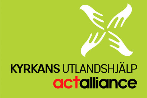 Logo för Kyrkans Utlandshjälp.Fyra vita stiliserade händer som sträcker sig mot varandra på en ljusgrön bakgrund.