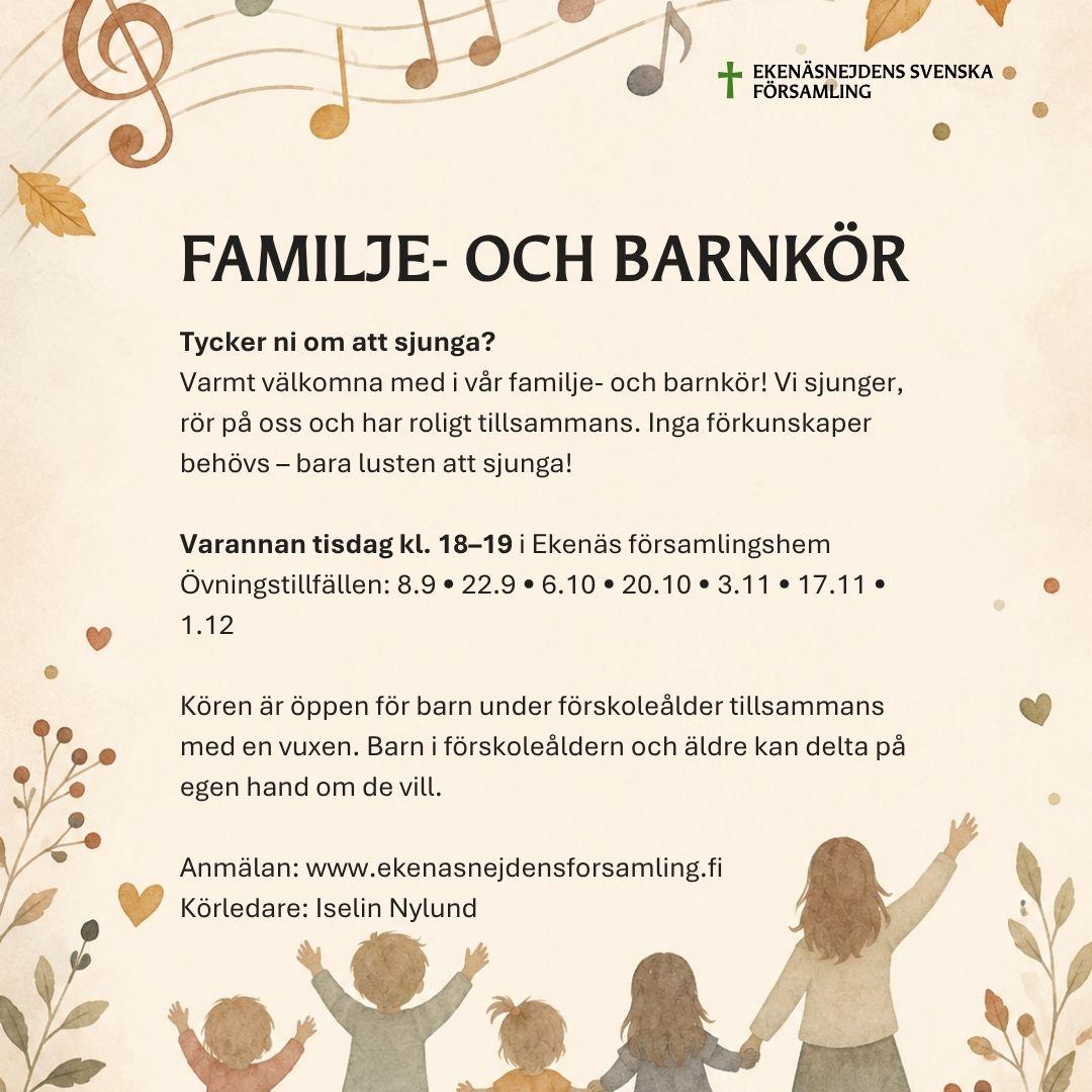 Familje- och barnkör 8.9 kl. 18 i Ekenäs församlingshem